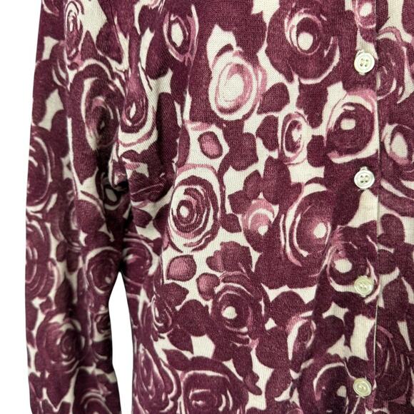 Garnet Hill Womens 100% Wool Floral Button Up Cardigan Thin Sweater Burgundy XL - Picture 6 of 16